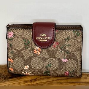 Coach Tan Floral Wallet with Burgundy Accent